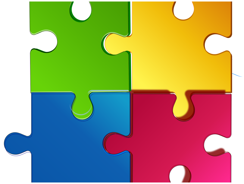 Graphic of blue, green, pink and yellow jigsaw pieces.