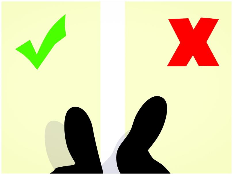 A pair of feet deciding whether to go into the left lane, marked by a tick, or the right lane, marked with an 'x',