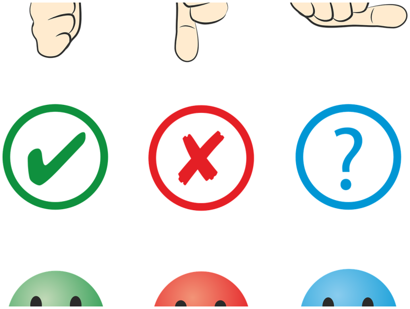 A series of icons; left - thumbs up, tick and smiley face, centre - thumbs down, 'X', and sad face, right - thumbs in the 'middle, question mark, 'so/so' face