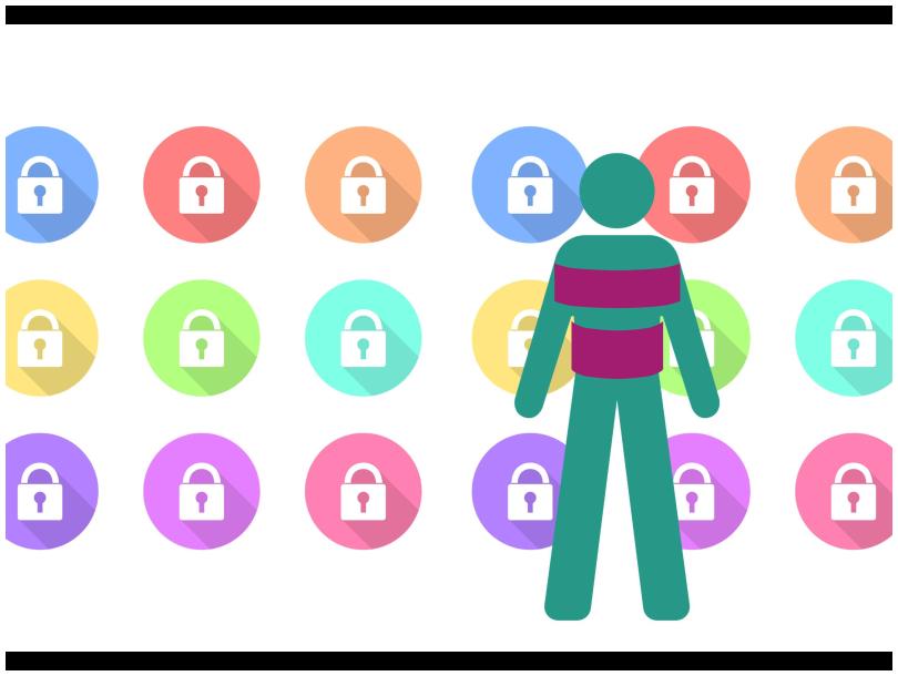 An image of an outline of a person with small circular lock graphics behind it.