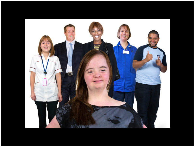 A young woman with down syndrome is front and centre. behind her are men and women from different professions that are all a part of her support system.