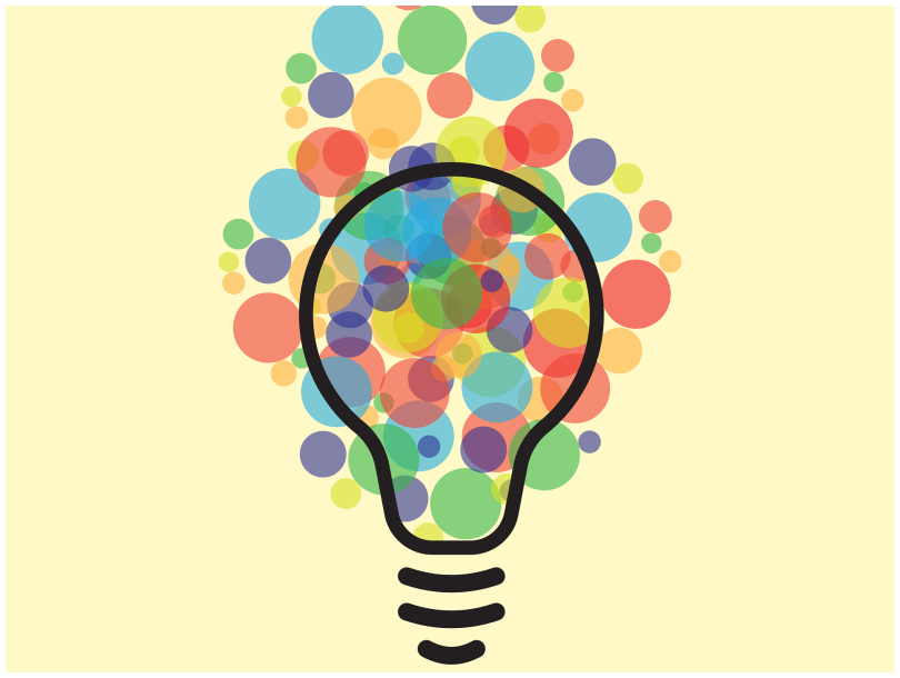 A graphic of a light bulb with colourful circles coming out of it
