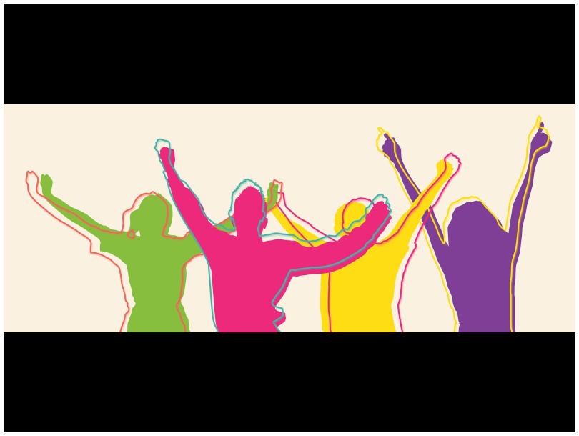 Four outlines of coloured individuals with their hands up, cheering.