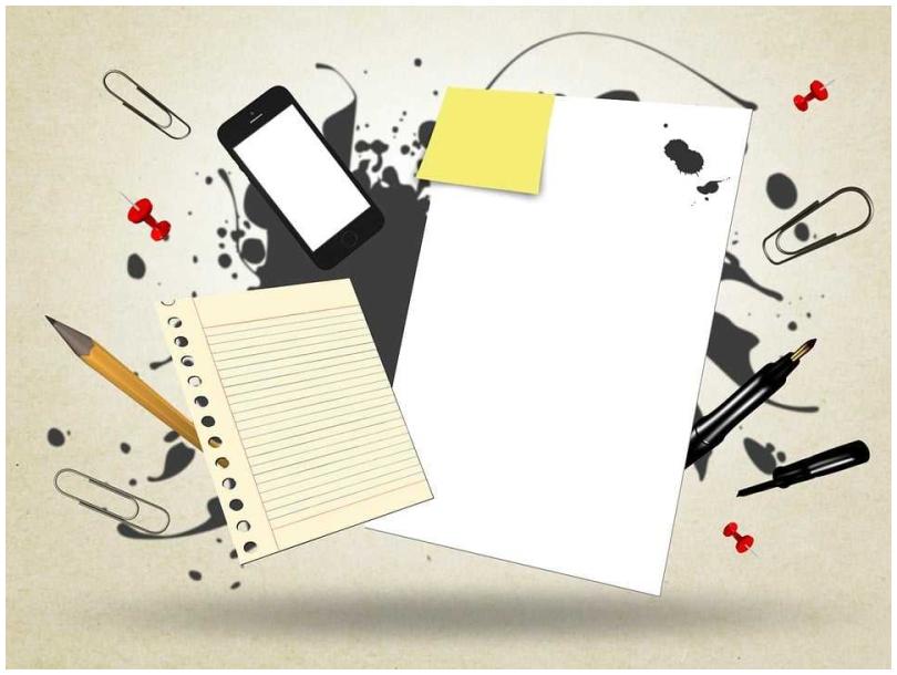 Graphic showing an explosion of paper, pencils, pens, pins, phone, sticky notes.