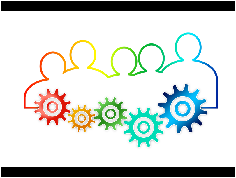 Colourful outline of people with cogs working together as part of a machine.