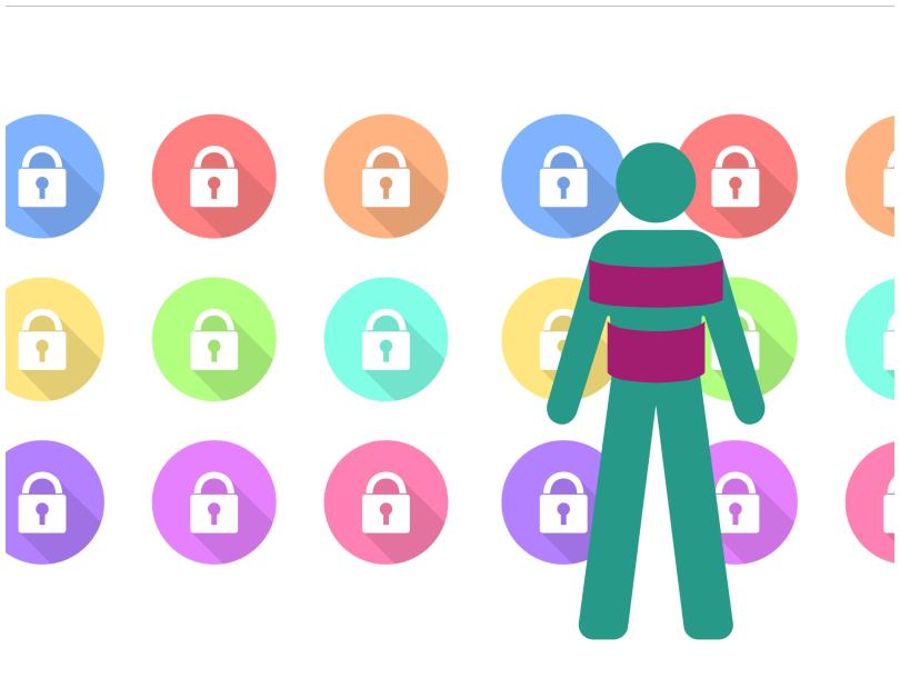 An image of an outline of a person with small circular lock graphics behind it.