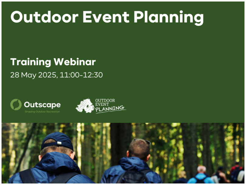 Green banner with text detailing title, date and time of webinar, with Outscape and Outdoor Event Planning logos underneath. Below that is a banner image of men walking in a forest in single file carrying backpacks and walking sticks wearing navy blue anoraks.