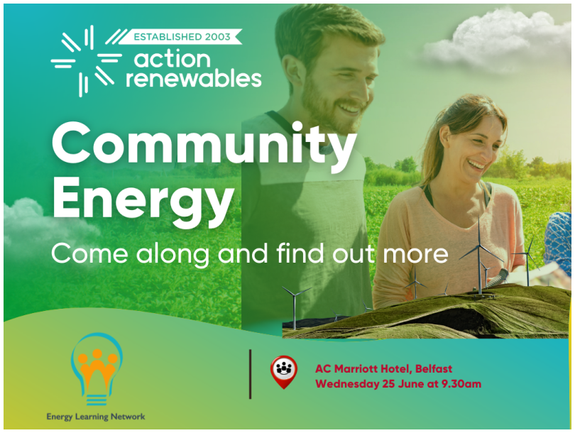 Green and yellow background with 4 people discussing renewable energy with action renewables logo and energy learning network logo