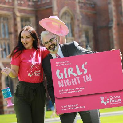 Diona Doherty, of Derry Girls fame, and researcher Dr Kienan Savage get ‘In Pink’ for Cancer Focus NI’s Girls’ Night In campaign to support pioneering breast cancer research at Queen’s University Belfast. To sign up for your Girls’ Night In pack visit www.cancerfocusni.org or call 028 9066 3281.
