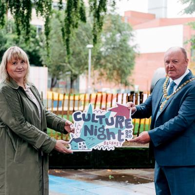 Lord Mayor of Belfast Alderman Frank McCoubrey and Susan Picken, director of Cathedral Quarter Trust and Culture Night Belfast. Photo by: Francine Montgomery / Excalibur Press For more information contact Tina Calder, Excalibur Press, 07305354209, tina@excaliburpress.co.uk