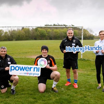 Caption: Orangefield Old Boys FC celebrate as they receive £250 thanks to Power NI’s staff sponsorship scheme, ‘Helping Hands.’ The initiative encourages Power NI staff members to nominate local organisations and groups they’re actively involved with to receive funding. Thanks to the nomination by Power NI employee and club member Clarke Little, the club will be able to cover the costs of new football jackets for all coaching staff. Pictured left to right: Sammy Wright, Clarke Little, and Gerry Goodall from