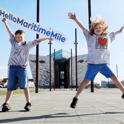 Helping to launch ‘Hello Maritime Mile’ at the Titanic Slipways were, from left, brothers Eden (9) and Finn (8) Harriott.