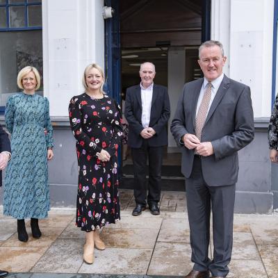  Pictured for the announcement of this first larger investment from the Dormant Accounts Fund NI, a £500,000 grant to enable delivery of the Blueprint programme, are Martin Bradley, Chair, Arts & Business NI; Brona Whittaker, Head of Arts, Arts & Business NI; Mary Nagele, Chief Executive, Arts & Business NI; Paul Sweeney, Chair of Northern Ireland Committee, The National Lottery Community Fund; Conor Murphy, Finance Minister and Kate Beggs, Northern Ireland Director, The National Lottery Community Fund. 