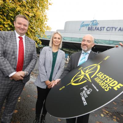 Launching the sixth Eastside Awards in association with George Best Belfast City Airport, is Stephen Patton, representing Principal Sponsor George Best Belfast City Airport; Linda-Jane Doherty representing Media Partner, Belfast Live; and Jonathan McAlpin, Chair of Eastside Awards Committee. Enter now at www.eastsideawards.org