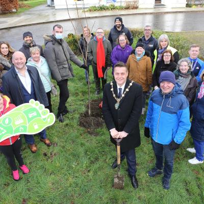 Self Help Africa Northern Ireland Carbon Offsetting Initiative: Mayor of Derry City and Strabane District Council, Alderman Graham Warke, is pictured at St Columb’s Park, with Denny Elliott, Head of Self Help Africa Northern Ireland, and Paul Armstrong of Foods Connected, together with friends from Praxis Care, at the planting of the first tree as the charity’s carbon offsetting initiative with businesses across Northern Ireland takes root. https://selfhelpafrica.org/onemilliontrees/carbon-offset/