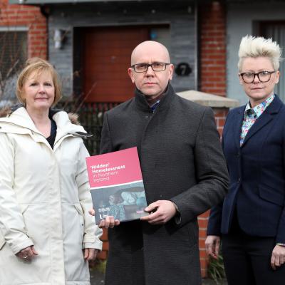 Simon Community Chief Executive Jim Dennison launches the ‘Hidden Homelessness in Northern Ireland’ report. Pictured alongside him is: (left) Ulster University Professor of Social Policy Ann Marie Gray, and (right) Simon Community Head of Research & Development Karen McAlister.