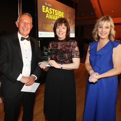 The 2021 Eastside Award for Community Impact sponsored by Belfast Harbour: Ashfield Girls’ High School – Principal Mrs Louise Hanvey, presented by sponsor Mark Doherty and host presenter Tara Mills