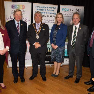 From left, Aine Wallace, Lord Lieutenant David McCorkell, Mayor of Antrim and Newtownabbey Cllr Billy Webb, Liz Brown, Danny Kinahan, John Conaghan