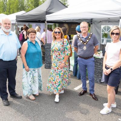 Mayor and Mayoress of Antrim and Newtownabbey, Alderman Stephen Ross and Councillor Paula Bradley, are pictured with Francie Molloy MP, Una Johnston of Lock Keeper’s Cottage, and Eimear Kearney, Marketing Manager of Lough Neagh Partnership, at the Lough Neagh Artisans Market in Toome. www.loughneaghartisans.com