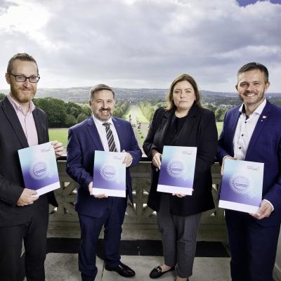 Health Minister Robin Swann MLA, and Department for Communities Minister Deirdre Hargey MLA, are joined by Chair of the All Party Group on Reducing Harm Related to Gambling, Robbie Butler MLA and Vice Chair Philip McGuigan MLA at the launch of the report on ‘Gaming Machines in Northern Ireland’. www.gamharmapg.org 