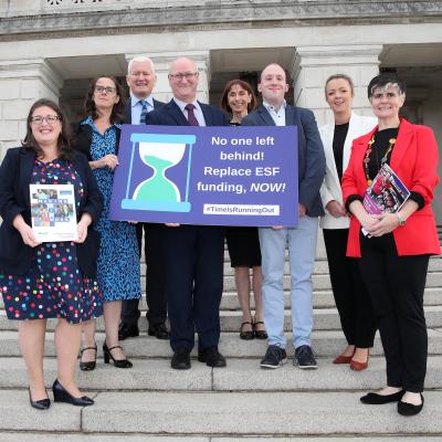 Pictured from left to right: Kellie Armstrong MLA, Elaine Leonard Chief Executive of Appleby Trust, David Babington Chief Executive of Action Mental Health, Norman Sterritt Chair of NIUSE, Roisin Mallon, Director, Dedicated Mechanism Unit, Equality Commission for NI, Conor McGinnity, Mencap service user, Liz Kimmins MLA, and Grainne Close Director at Mencap.