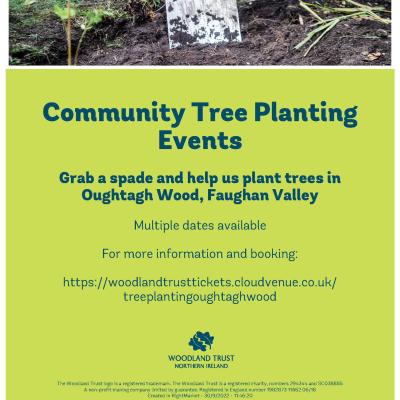 Poster showing details of tree planting events featuring and image of a spade digging into soil and the Woodland Trust logo