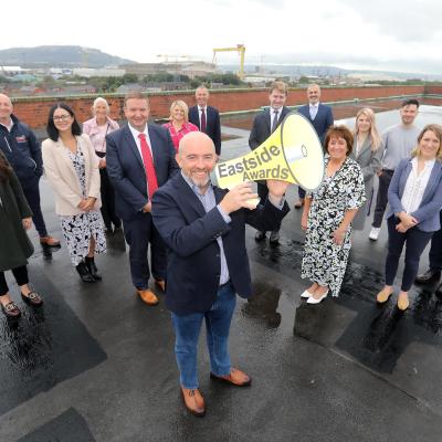 Jonathan McAlpin, Chair of Eastside Awards Committee, is joined by sponsors to shout from the rooftops that the seventh Eastside Awards is now open for entry. Deadline for entries to Eastside Awards which recognises all that is good about East Belfast is 28 October. To enter, please visit www.eastsideawards.org