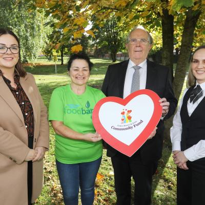 Edel Diamond of Colin Glen Christian Fellowship in Dunmurry receives the receive the James Brown & Sons Community Fund grant from James Brown MBE, Lisa Hutchinson, Funeral Arranger, and Emma Moore, Branch Development Manager, James Brown & Sons. Colin Glen Christian Fellowship which is part of the South West Belfast foodbank, will use the money to boost its food packages. www.jamesbrownfuneraldirectors.com 