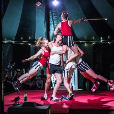 Tumble Circus performers create a stunning moving human pyramid. 
