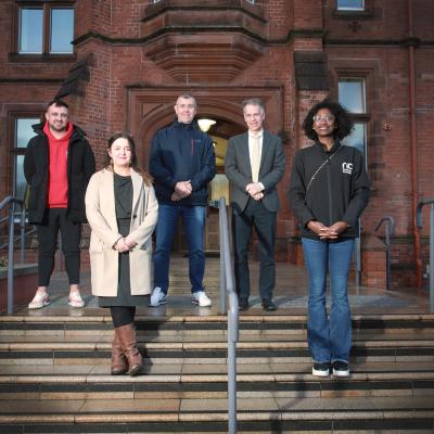 L-R: Dan Gorman, Youth Worker at Rio Ferdinand Foundation (RFF), Ursula Toner, Choice Regional Head of Tenant & Client Services are pictured with Gary Stannett, CEO - RFF, Choice Group Chief Executive, Michael McDonnell and NI Project Co-Ordinator for RFF Karla McDermott.