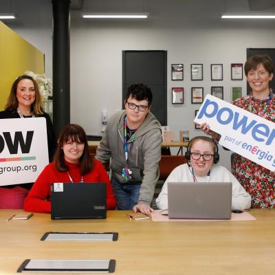 Power NI and NOW Group proud to expand Strategic Partnership. Photographed (L-R) is Business Development Manager of the NOW Group, Nicola Tipping, NOW Group participants Oonagh Reid, Connor McMurray and Aoife MacDermott, and Power NI CSR Manager Gwyneth Compston. 