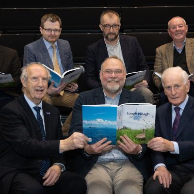 Jim McGreevy, The National Lottery Heritage Fund; William Roulston of The Ulster Historical Foundation; William Burke and Liam Campbell, Joint Editors of the newly launched Lough Neagh Atlas; Arnold Hatch and Gerry Darby of Lough Neagh Partnership; and Sir Denis Desmond of The Ulster Historical Foundation, at the launch of Lough Neagh Atlas, Lough Neagh: An Atlas of the Natural, Built and Cultural Heritage. www.loughneaghpartnership.org