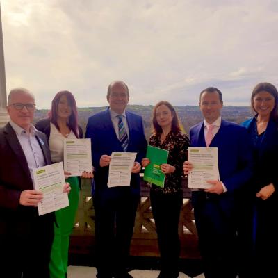 Photograph of Professor Gerry Lynch, Claire Curran, Professor Sir Michael McBride, Professor Siobhan O'Neill, Samaritans Ireland Assistant Director Mark Kennedy and Sarah Travers. 