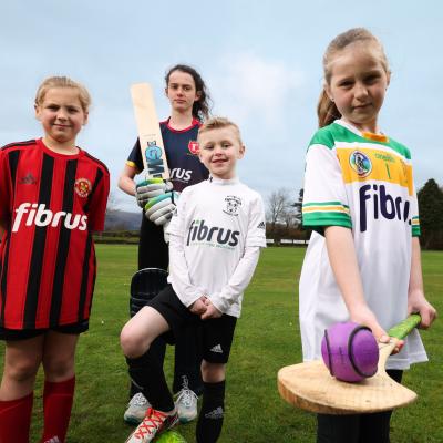 Launching the Fibrus ‘Play it Forward Fund’ are (L-R): Skye Cameron, Hillsborough Junior Girls Football Club; Niamh Lowry, Dundrum Cricket Club; Joshua McDowell, Rathfriland Football Club; Lucy McComiskey, An Ríocht GAA Club. 