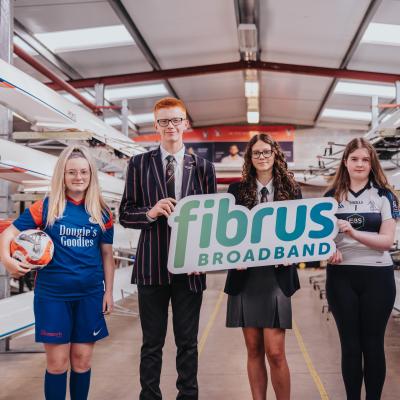 Welcoming news of Fibrus ‘Play it Forward’ sports funding are: Keeva Kyle from Raceview Ladies Football Club; Ryan Totten and Brooke Reeves of Coleraine Alumni Rowing Club; and Maggie and Alexander Steele, Shane O’Neill’s GAC.