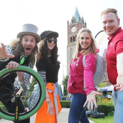 2.	Pictured (L-R) are performers ‘Lukey Luke’ and Rachel Melaugh with Cath McBride – director of In Your Space Circus – and firmus energy’s Michael Braniff.