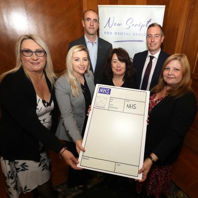 Mothers advocating for a New Script for Mental Health: Kirsty Scott from Ballyclare; Mary Gould from Ballymena; and Deidre McCausland from West Belfast; are joined by Mark H Durkan MLA, Orlaithí Flynn MLA and Paul Givan MLA, as the findings of a community consultation are launched. www.nlb.ie/campaigns/mental-health