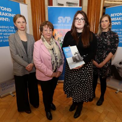 SVP Regional President for the Northern Region, Mary Waide, is joined by Connie Egan MLA, and Issy Petrie and Tricia Keilthy of SVP, at the launch of Beyond Breaking Point: Sharing the perspective of SVP Members on the cost of living crisis, at Stormont. To request help from SVP, please visit www.svpi.ie