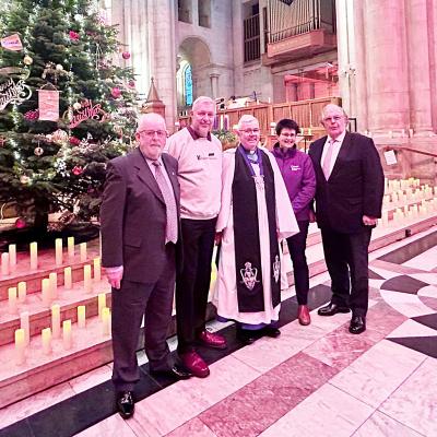 Peter Mulholland, Mulhollands Funeral Directors; Julian Hodgkinson, Regional Development Director, Funeral Partners; Very Rev Stephen Forde, Belfast Cathedral; Thelma Abernethy, Head of Cruse Bereavement Support NI; and James Brown, James Brown & Sons; at ‘Light Up the Night – An Occasion to Remember’, a service in Belfast Cathedral organised by Funeral Partners NI and Cruse Bereavement Support NI. www.jamesbrownfuneraldirectors.com