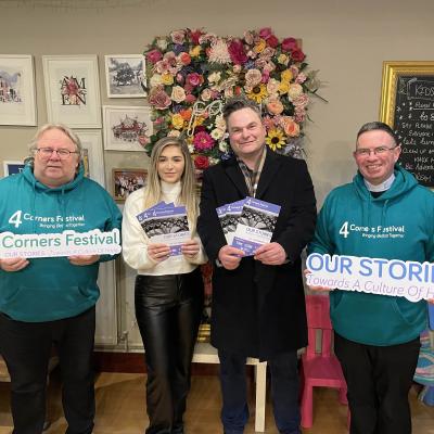 (L-R) Reverend Steve Stockman, Ulster University student Tyree Patton, Writer Declan Lawn and Father Martin Magill