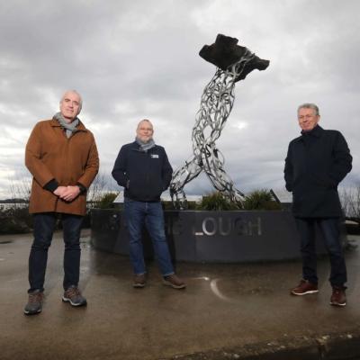 Michael Browne, Lough Neagh Heritage Plan Coordinator, Gerry Darby, Strategic Manager of Lough Neagh Partnership, and Dr Paul Mullan, Director of Northern Ireland at The National Lottery Heritage Fund, launching the Lough Neagh Heritage Resilience Project which has been funded by The National Lottery Heritage Fund.