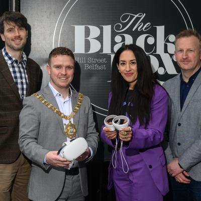 (L-R) Matthew Malcolm, Creative Industries Development Officer Arts Council of Northern Ireland, Lord Mayor of Belfast Councillor Ryan Murphy, Deepa Mann-Kler, director and curator for Belfast XR Festival and  David McConnell, Head of Education Northern Ireland Screen