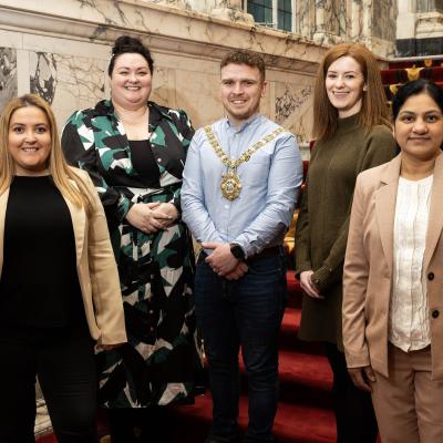 Photos: Steven McAuley. From left Stephanie McKittrick, Katie Matthews-Furphy, Lord Mayor Councillor Ryan Murphy, Wendy O'Doherty and Rupa Jain