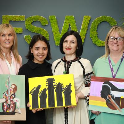 Carol Ervine (Group Director of Tenant and Client Services at Choice) pictured with artist Alina Gawhary, Choice tenant Svitlana Sukar, and Choice Tenant Engagement Officer Anne McAllister. 
