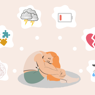 Person sitting crouched on floor with symbols of worry surrounding them