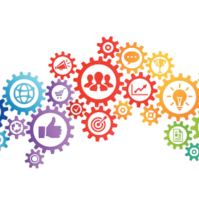 Graphic of various colourful cogs with icons; targets, thumbs up, internet, lightbulb, people, megaphone. 