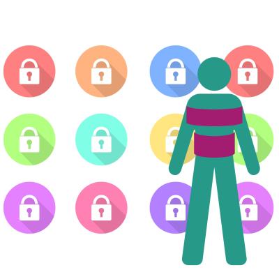 An image of an outline of a person with small circular lock graphics behind it.