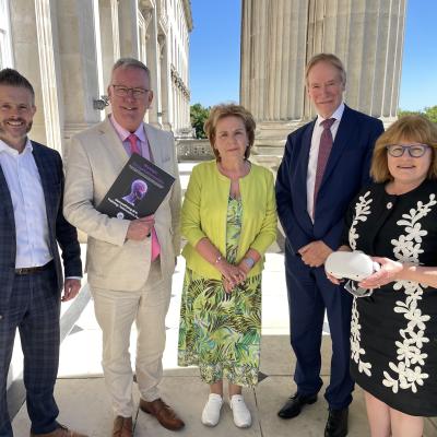 From L-R: Robbie Butler MLA, Health Minister Mike Nesbitt, Joan McParland MBE (Hope 4 ME & Fibro founder), Professor Tom Trinick OBE, Linda Campbell (chair, Hope 4 ME & Fibro)