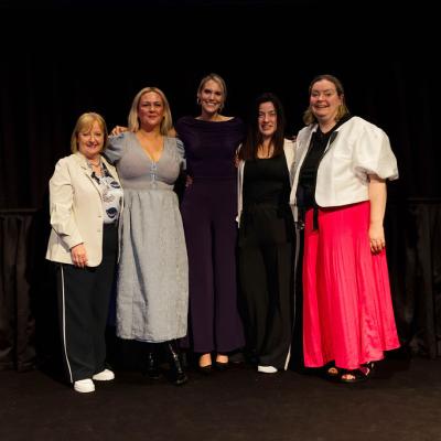 Elaine Patterson (Innovation and Entrepreneurship Programme Manager at InterTradeIreland), with TechFoundHer Breakthrough Award winners Victoria Finlay, (founder of MenoPal), Shelley Cowan (founder of Travel Ease), Claire Brannigan (founder of Skinakin) and Máirín Murray (founder of TechFoundHer) at the TechFoundHer Summit 2025.