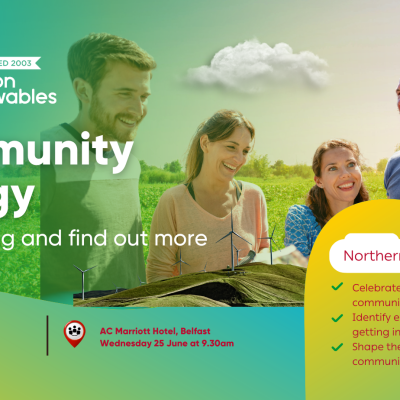 Green and yellow background with 4 people discussing renewable energy with action renewables logo and energy learning network logo